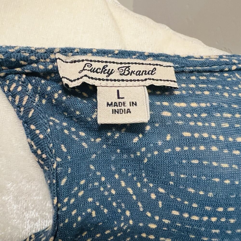 Lucky Brand Cold Shoulder Top, Blue with Brown/Gold Paisley Stitching Size L - Picture 6 of 6